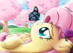 Size: 1100x800 | Tagged: safe, artist:bugplayer, fluttershy, butterfly, pegasus, pony, bust, female, flower, flower in hair, grass, insect on nose, lying, mare, on back, profile, rose, smiling, solo
