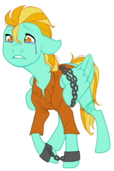 Size: 400x600 | Tagged: safe, artist:blueberrychill, lightning dust, pegasus, pony, g4, bound wings, chains, clothes, crying, female, mare, prison outfit, shackles, simple background, solo, transparent background, wings