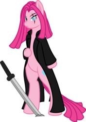 Size: 753x1062 | Tagged: safe, artist:mactavish1996, artist:salemcat, pinkie pie, spiders and magic: rise of spider-mane, g4, bipedal, blind, clothes, female, future, jacket, pinkamena diane pie, scar, simple background, solo, spiders and magic iii: days of friendship past, sword, transparent background