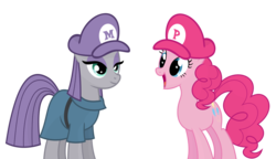 Size: 2146x1239 | Tagged: safe, artist:flare-chaser, maud pie, pinkie pie, earth pony, pony, g4, female, hat, male, mare, mario, mario & luigi, pie sisters, simple background, smiling, super mario bros., transparent background, vector, when she smiles