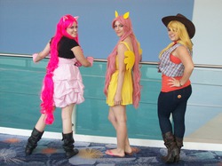 Size: 2848x2134 | Tagged: safe, artist:aroura619, applejack, fluttershy, pinkie pie, human, g4, cosplay, equestria la, equestria la 2012, feet, high res, irl, irl human, photo