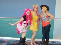 Size: 2848x2134 | Tagged: safe, artist:aroura619, applejack, fluttershy, pinkie pie, human, g4, clothes, cosplay, cutie mark on clothes, equestria la, equestria la 2012, feet, high res, irl, irl human, photo