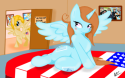 Size: 1280x800 | Tagged: safe, artist:joey darkmeat, artist:otakutheunicorn, oc, oc:estelle bliss, alicorn, pony, semi-anthro, alicorn oc, american flag, bedroom eyes, door, duo, hetalia, picture, ponified, side-sitting, solo focus, united states