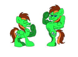 Size: 1024x745 | Tagged: safe, artist:dragonboi471, oc, oc only, oc:neon streak, pony, abs, bipedal, flexing, muscles, solo