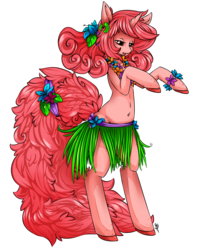 Size: 2233x2813 | Tagged: safe, artist:tiki-sama, oc, oc only, oc:tiki, pony, unicorn, belly button, bipedal, clothes, grass skirt, high res, hula, hula dancing, skirt, solo