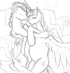 Size: 963x1006 | Tagged: safe, artist:patch, flash sentry, twilight sparkle, alicorn, pony, g4, :o, bed, bed mane, belly, cuddling, drool, eyes closed, female, hug, male, mama twilight, mare, monochrome, on side, pregnant, ship:flashlight, shipping, sketch, sleeping, smiling, snuggling, spread wings, straight, twilight sparkle (alicorn)