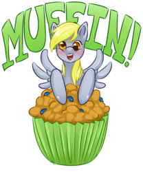 Size: 915x1100 | Tagged: safe, artist:tiki-sama, derpy hooves, pegasus, pony, g4, blushing, cute, derpabetes, female, mare, muffin, solo, that pony sure does love muffins