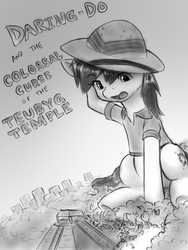 Size: 644x857 | Tagged: safe, artist:alloyrabbit, daring do, pony, g4, book cover, female, giant pony, macro, monochrome, open mouth, pun, sitting, solo, surprised, temple