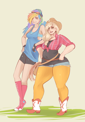 Size: 1280x1837 | Tagged: safe, artist:sundown, applejack, rainbow dash, human, g4, applebucking thighs, boots, chubby, clothes, converse, cosplay, fanart of cosplay, hair over one eye, hand on hip, humanized, knee-high boots, looking at you, pantyhose, shoes, smiling, thighs