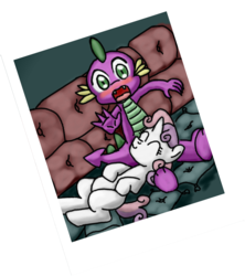 Size: 842x950 | Tagged: safe, artist:jryvn, spike, sweetie belle, dragon, pony, unicorn, g4, blushing, duo, fanfic art, female, head on lap, male, open mouth, picture, pillow, ship:spikebelle, shipping, sleeping, straight