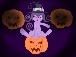 Size: 1024x768 | Tagged: safe, artist:trinitythewerewolf33, pony, blair, crossover, halloween, holiday, jack-o-lantern, ponified, pumpkin, riding, solo, soul eater