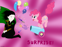 Size: 2196x1698 | Tagged: safe, artist:kathythegoth, pinkie pie, earth pony, human, pony, g4, balloon, confetti, crossover, duo, female, loki, male, mare, party cannon, pink background, simple background