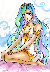 Size: 941x1370 | Tagged: safe, artist:rikeza, princess celestia, human, g4, cleavage, female, humanized, solo