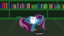 Size: 11200x6400 | Tagged: safe, artist:parclytaxel, oc, oc only, oc:parcly taxel, alicorn, pony, albumin flask, .svg available, absurd resolution, alicorn oc, amulet, book, chemistry, colored, constructed language, cute, horn, horn ring, huddle, key sync, kezuasoka, library, light, magic, nuclear magnetic resonance, paper, pen, reading, science, sleeping, solo, telekinesis, third eye, vector