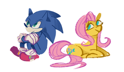 Size: 1000x580 | Tagged: safe, artist:tomoe-chi, fluttershy, pony, g4, crossover, male, prone, sitting, smiling, sonic the hedgehog, sonic the hedgehog (series)