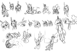 Size: 3048x2048 | Tagged: safe, artist:nadnerbd, applejack, pinkie pie, princess celestia, queen chrysalis, rainbow dash, twilight sparkle, alicorn, changeling, changeling queen, earth pony, pony, unicorn, g4, female, high res, mare, monochrome, quadrupedal, simple background, sketch, sketch dump, white background