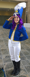 Size: 740x1841 | Tagged: artist needed, safe, artist:yupso, rarity, human, bronycon, bronycon 2014, g4, testing testing 1-2-3, 2014, ancient wonderbolts uniform, boots, clothes, convention, cosplay, costume, fake horn, feather, hat, irl, irl human, pants, photo, salute, sgt. rarity, shako, shoes, solo, uniform, wig