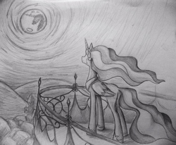 Size: 3309x2733 | Tagged: safe, artist:yokoshiniz, princess celestia, g4, crying, female, high res, mare in the moon, monochrome, moon, solo, traditional art