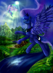 Size: 1699x2338 | Tagged: safe, artist:szopwmeloniku, princess celestia, princess luna, alicorn, pony, g4, duo, flying