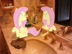 Size: 2592x1944 | Tagged: safe, anonymous artist, artist:tokkazutara1164, fluttershy, pegasus, pony, g4, ^^, bathroom, eyes closed, female, irl, mare, mirror, photo, ponies in real life, reflection, sink, smiling, solo, vector