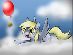 Size: 2144x1608 | Tagged: safe, artist:unitoone, derpy hooves, pegasus, pony, g4, balloon, cloud, cloudy, female, happy, mare, muffin, prone, solo, spread wings