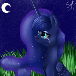 Size: 1500x1500 | Tagged: safe, artist:alicesmitt31, princess luna, g4, crying, female, moon, night, sitting, solo