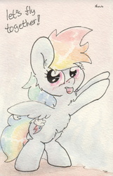 Size: 684x1062 | Tagged: safe, artist:slightlyshade, rainbow dash, pegasus, pony, g4, bipedal, female, fluffy, looking at you, open mouth, signature, simple background, smiling, solo, spread wings, text, traditional art, white background