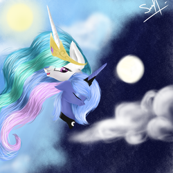 Size: 2000x2000 | Tagged: safe, artist:alicesmitt31, princess celestia, princess luna, g4, cloud, cloudy, day, duality, eyes closed, floppy ears, high res, moon, night, open mouth, s1 luna, sky, smiling, sun