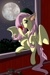 Size: 1024x1536 | Tagged: safe, artist:princrim, fluttershy, pegasus, pony, g4, apple, apple core, apple tree, female, flutterbat, food, licking, moon, orchard, solo, stars, tongue out, tree, window