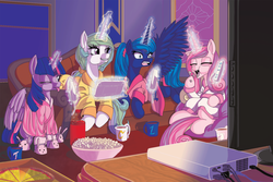 Size: 1024x683 | Tagged: safe, artist:princrim, princess cadance, princess celestia, princess luna, twilight sparkle, alicorn, pony, g4, :p, alicorn tetrarchy, angry, bunny slippers, clothes, controller, couch, eating, female, magic, mare, nintendo, open mouth, pajamas, pizza, ponytail, popcorn, prone, robe, sisters-in-law, sitting, slippers, slumber party, spread wings, telekinesis, television, tongue out, twilight sparkle (alicorn), wide eyes, wii remote, wii u, wii u gamepad, wink