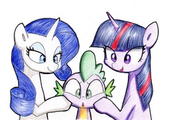 Size: 1000x700 | Tagged: safe, artist:unousaya, rarity, spike, twilight sparkle, g4, pixiv, simple background, traditional art