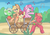 Size: 1600x1131 | Tagged: safe, artist:geckogeek, apple bloom, applejack, big macintosh, granny smith, pinkie pie, earth pony, pony, g4, my little pony: friendship is magic, pinkie apple pie, apples to the core, banjo, cart, eyes closed, male, musical instrument, scene interpretation, singing, stallion