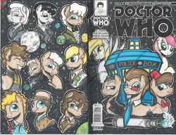 Size: 1024x787 | Tagged: safe, artist:ponygoddess, derpy hooves, doctor whooves, roseluck, time turner, pegasus, pony, clothes, comic, cover, doctor who, eighth doctor, eleventh doctor, eyes closed, female, fifth doctor, first doctor, fourth doctor, frown, glare, grin, jacket, mare, moon, ninth doctor, planet, raised eyebrow, scarf, second doctor, seventh doctor, sixth doctor, smiling, sonic screwdriver, tardis, tenth doctor, the doctor, thinking, third doctor, twelfth doctor, war doctor