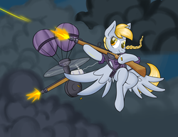 Size: 1650x1275 | Tagged: safe, artist:zanezandell, derpy hooves, pegasus, pony, g4, bioshock infinite, clothes, crossover, female, flying, gun, mare, rifle, shirt, solo, weapon