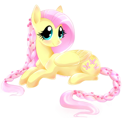 Size: 826x774 | Tagged: safe, artist:scheadar, fluttershy, g4, alternate hairstyle, blushing, braid, cute, female, flower in hair, flower in tail, looking at you, lying, prone, shyabetes, simple background, smiling, solo