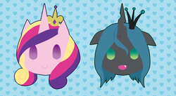Size: 2102x1150 | Tagged: safe, artist:divided-s, princess cadance, queen chrysalis, alicorn, changeling, changeling queen, pony, g4, blob, crown, female, jewelry, pixiv, regalia