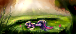 Size: 2140x955 | Tagged: dead source, safe, artist:shamanguli, twilight sparkle, pony, unicorn, g4, book, female, floppy ears, forest, on side, reading, scenery, smiling, solo, unicorn twilight