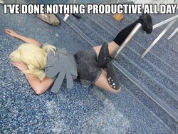 Size: 960x720 | Tagged: safe, artist:tiny rage cosplay, edit, derpy hooves, human, g4, caption, clothes, cosplay, i have done nothing productive all day, image macro, irl, irl human, meme, photo, roflbot, shorts, text