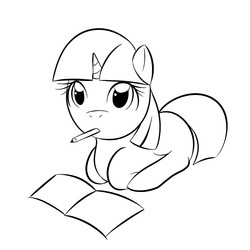 Size: 800x800 | Tagged: safe, artist:kloudmutt, twilight sparkle, g4, book, female, filly, monochrome, mouth hold, pencil, solo
