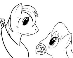 Size: 1000x800 | Tagged: safe, artist:kloudmutt, big macintosh, caramel, earth pony, pony, g4, blushing, flower, flower in mouth, gay, lineart, male, monochrome, mouth hold, ship:caramac, shipping, stallion