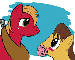 Size: 1000x800 | Tagged: safe, artist:kloudmutt, big macintosh, caramel, earth pony, pony, g4, blushing, colored, flower, flower in mouth, gay, male, mouth hold, ship:caramac, shipping, stallion