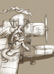 Size: 600x826 | Tagged: safe, artist:pseudosharp, rainbow dash, anthro, g4, cigarette, female, grayscale, monochrome, os2u kingfisher, plane, sitting, smoking, solo