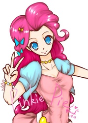 Size: 500x700 | Tagged: safe, artist:konnosatsuki, pinkie pie, human, g4, colored pupils, female, humanized, peace sign, solo