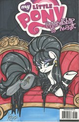 Size: 1024x1584 | Tagged: safe, artist:ponygoddess, :t, bedroom eyes, bracelet, breasts, cleavage, clothes, couch, dress, elvira, female, looking at you, pantyhose, ponified, prone, smiling, traditional art