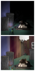 Size: 1632x3264 | Tagged: safe, oc, oc only, oc:kissing kings, comic, darkness, glowing, homeless, night, sleeping, tumblr