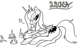 Size: 600x365 | Tagged: safe, artist:ricedawg, princess luna, alicorn, pony, g4, bedroom eyes, butt, female, heart, hoof shoes, lidded eyes, lineart, looking at you, looking back, mare, missing accessory, monochrome, moonbutt, on side, peytral, plot, prone, s1 luna, simple background, smiling, solo, spoken heart, text, underhoof, undressing, wet mane, white background