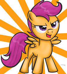 Size: 1050x1150 | Tagged: safe, artist:scooterloo, scootaloo, pegasus, pony, flight to the finish, g4, abstract background, blank flank, female, filly, open mouth, signature, solo, spread wings, wings