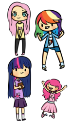 Size: 933x1600 | Tagged: safe, artist:arinou, fluttershy, pinkie pie, rainbow dash, twilight sparkle, human, g4, clothes, dress, humanized, skirt