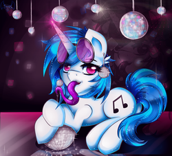 Size: 2200x2000 | Tagged: safe, artist:thetarkaana, dj pon-3, vinyl scratch, g4, disco ball, female, high res, long tongue, solo, tongue out