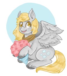 Size: 2327x2628 | Tagged: safe, artist:superlucky13, derpy hooves, pegasus, pony, g4, bouquet, clothes, female, high res, mare, scarf, solo, unshorn fetlocks